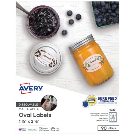 AVERY White Dissolvable Labels w/ Sure Feed, 1.5 x 2.5, Oval, White, PK90 04223